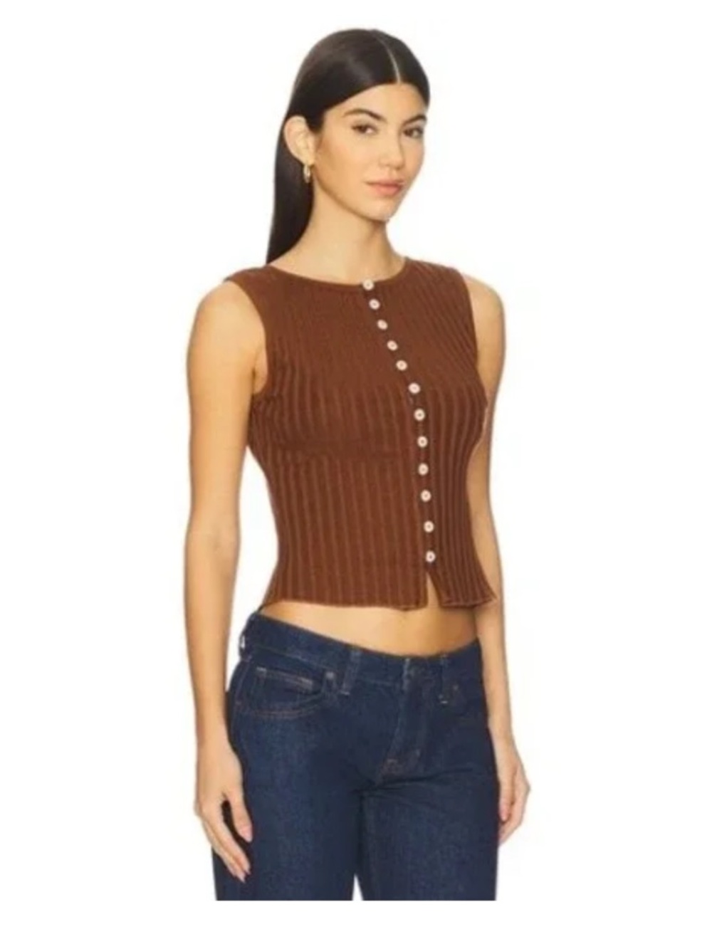 Free People Brown Ribbed Button-Front Tank Top